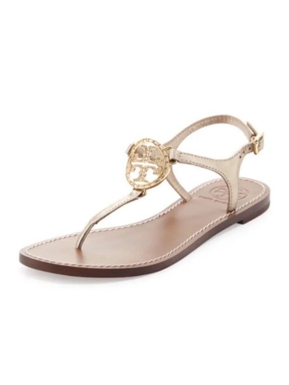 Tory Burch Women’s Size 7 Metallic Gold Crystal Logo T-Strap Thong Sandals
